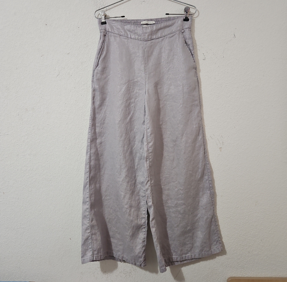Rachel Zoe Metallic Silver 100% Linen Wide-Leg Pull-On Pants